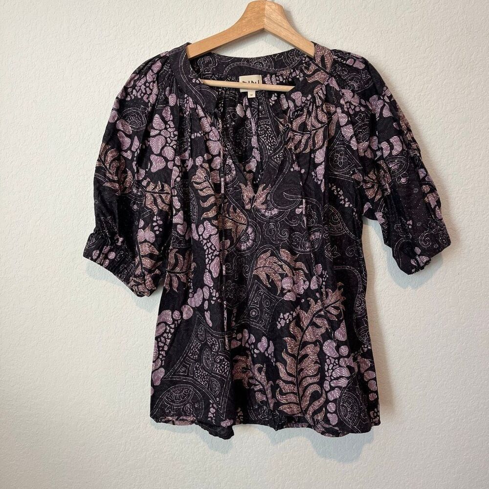 FINI Black Floral Paisley Keyhole Tie Bust Short Sleeve Blouse Women's Medium